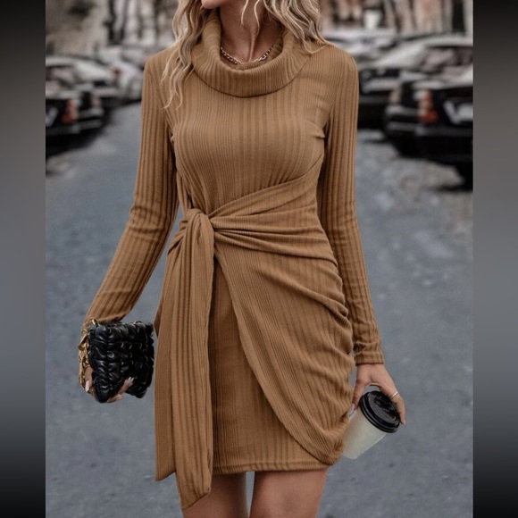 Classic Long Sleeve Cowl Neck Knot Side Wrap Hem Ribbed Dress - Picture 5 of 16